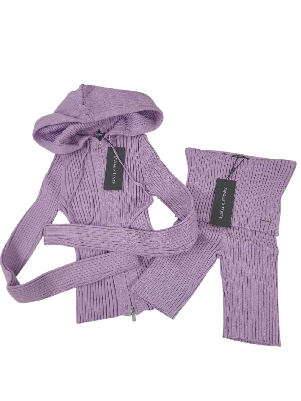 NEW Savage X Fenty Purple Opal Ribbed Knit Hoodie & Fold-Over Shorts Set SZ XS/S